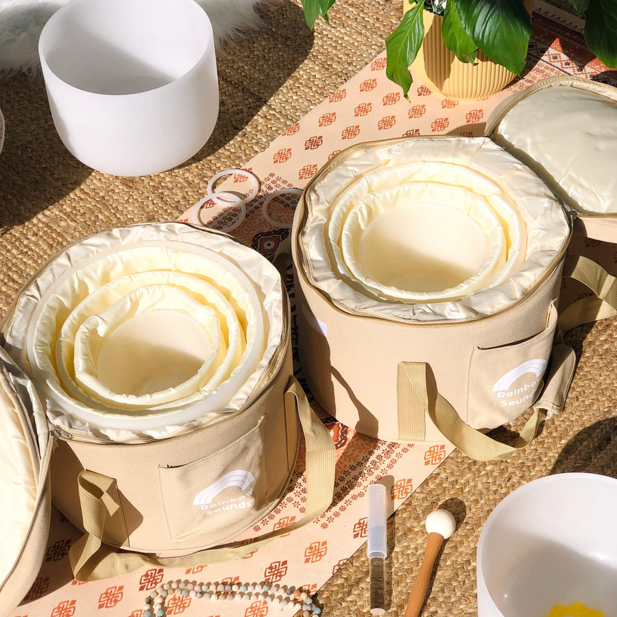 Set of 7 White Crystal Singing Bowls in Beige Bags