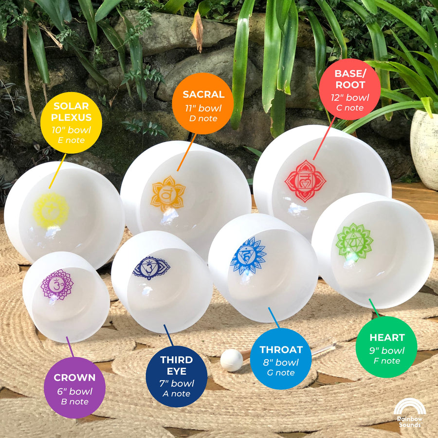 Crystal Bowl RainbowSoundsBowls White Set of 7 Chakra Bowls